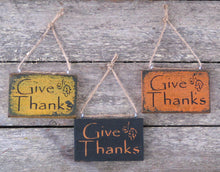 Load image into Gallery viewer, GIve Thanks Wooden Ornament, Distressed Ornament, Fall Ornament, Pumpkin Charm, Wine Bottle Charm, Fall Decoration, Thanksgiving Decoration
