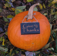 Load image into Gallery viewer, GIve Thanks Wooden Ornament, Distressed Ornament, Fall Ornament, Pumpkin Charm, Wine Bottle Charm, Fall Decoration, Thanksgiving Decoration
