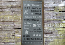 Load image into Gallery viewer, In Our House Patriotic Wooden Sign, In Our House Patriotic Distressed Sign, Wooden Sign Home Decor, Rustic Wooden Sign
